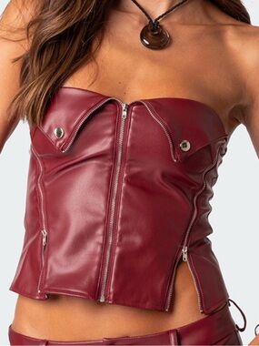 Edikted Strapless Burgundy Faux Leather Corset Top